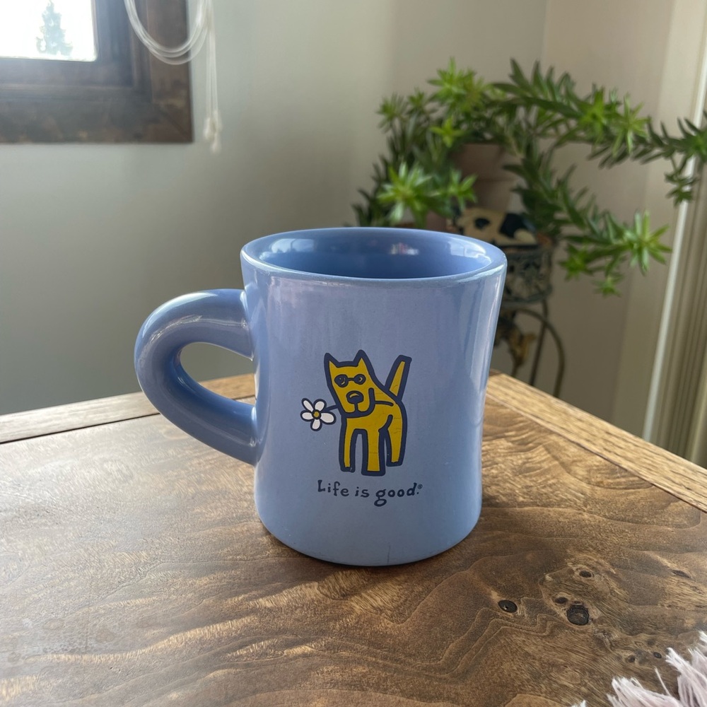 Life Is Good Blue Mug with Cheerful Yellow Dog